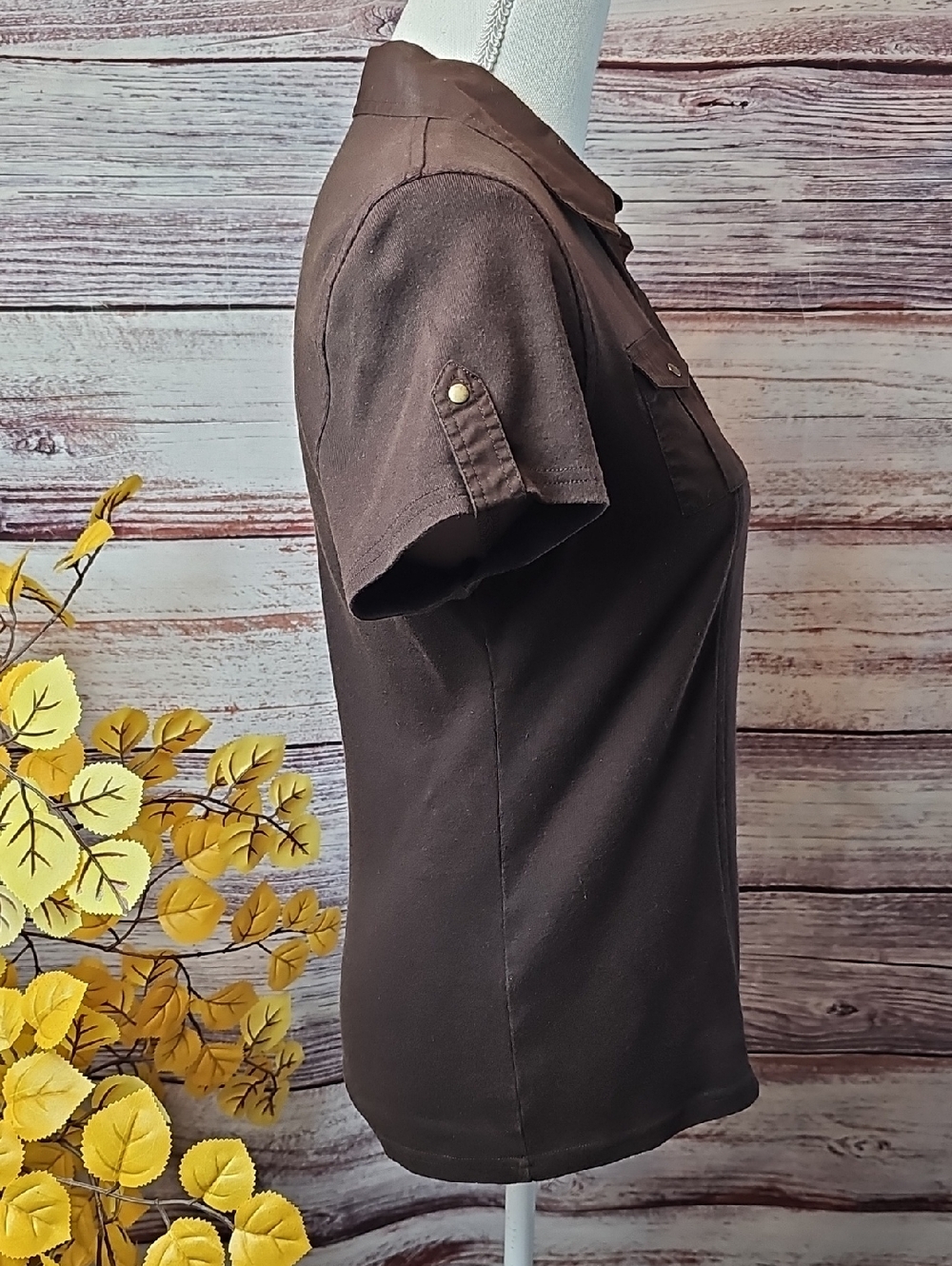 NEW STYLE & CO BROWN SHORT SLEEVE BUTTON-UP UTILITY CAMP SHIRT - Picture 3 of 12